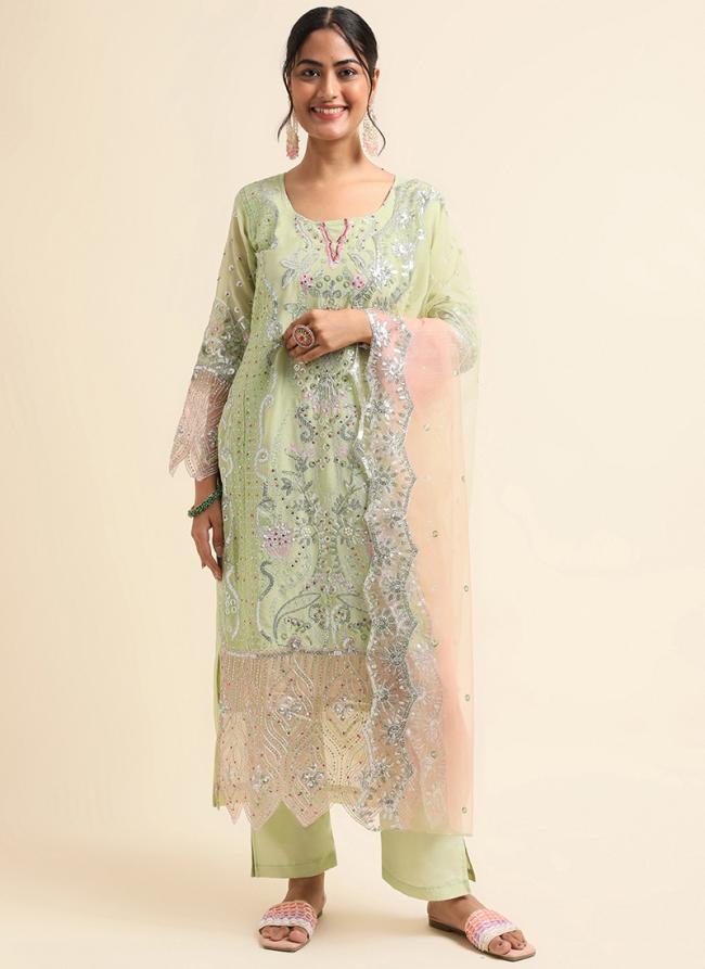 Faux Georgette Green Traditional Wear Zari Work Straight Suit